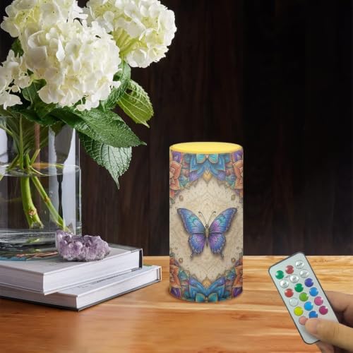 Image of Poceacles Flameless Candle Electric LED Lights with Timer Remote Color Lights, 3 AAA Batteries Operated (Not Include) Tealight for Home Indoor Decor, Boho Dragonfly Flower Blue