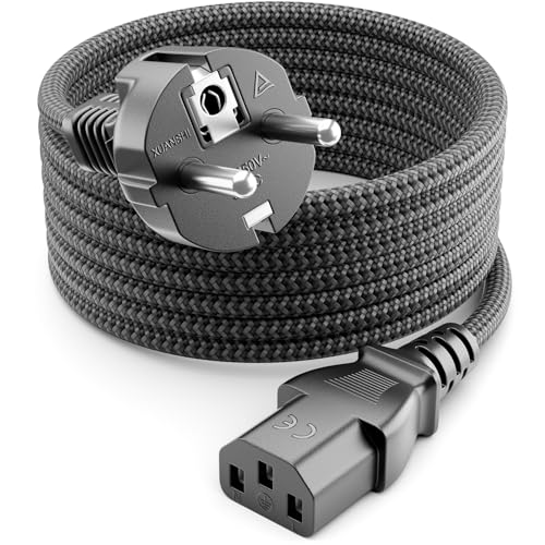 deleyCON 5m Cavo Alimentazione - Linea Nylon - Cavo Corrente Alimentazione 3 Poli Spina Tipo F a Presa C13 PC Computer Monitor Stampante Proiettore - Grigio
