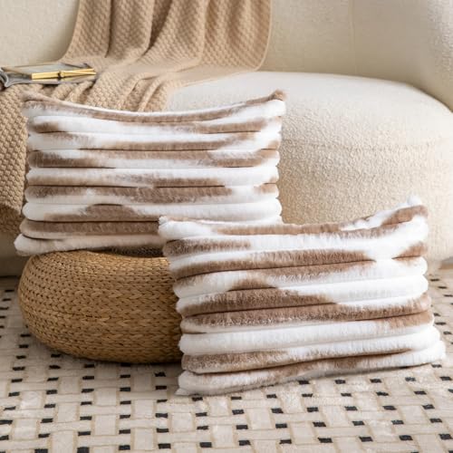 Madizz Lot de 2 Housses de Coussin en Peluche en Fausse Fourrure Housse de Coussin décorative Douce à Rayures moelleuses pour Coussin de Chambre à Coucher...