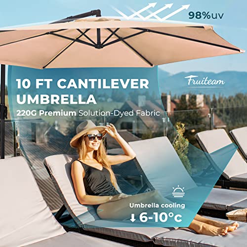 Image of FRUITEAM 10FT Offset Hanging Patio Umbrella, Outdoor Market Cantilever Umbrella w /Easy Tilt Adjustment, with Crank & Cross Bar, Shade 95% UV Protection for Backyard, Poolside, Lawn and Garden