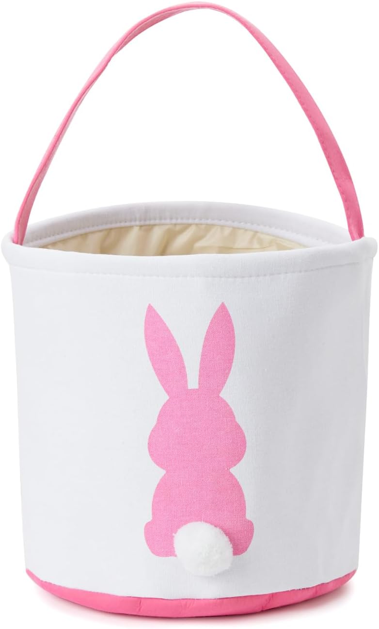Easter Bunny Basket Easter Bucket Egg Hunt Basket for Kids, Canvas Rabbit Print Basket w. Fluffy Tail, Candy Egg Toy Easter Basket Tote w. Handle (Pink New)