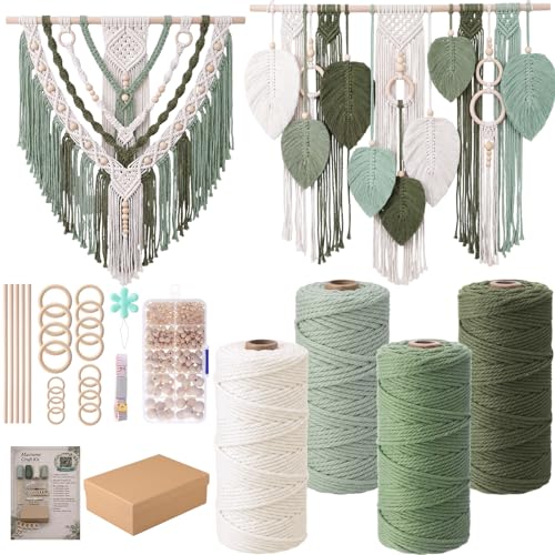 Rivvlive Macrame Kit for Adults Beginners 249 Pcs 436yd 3mm Cotton Macrame Cord Wood Rings Dowels and Beads Needle Threader Gift Box & Digital Instruction Book for Bohemian Decor Craft Projects