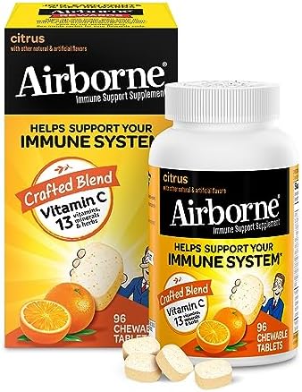 Airborne 1000mg Chewable Tablets with Zinc, Immune Support Supplement with Powerful Antioxidants Vitamins A C & E – 96 Tablets, Citrus Flavor