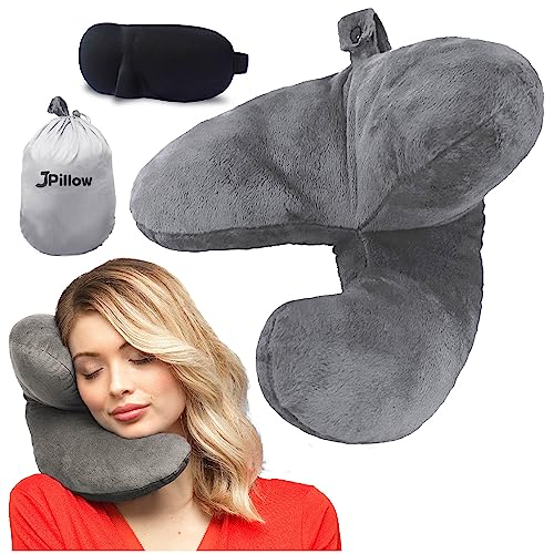 J-pillow Travel Pillow + Carry Bag + Sleep Mask | Neck Support Pillows for Sleeping | Travel Neck Pillow | Supportive Neck Pillow for Travel | Flight Pillow | Camping Pillows | (Grey)