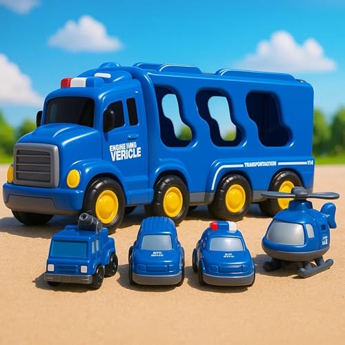 Image of GRAPHENE 5-in-1 Pull Back Friction-Powered City Truck Set Light & Music Montessori Carrier Educational Vehicle Mini Helicopter Taxi Toy Boys & Girls Fun Birthday Gift for Kids Ages 3+8years