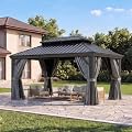Aoxun 10x14 FT Hardtop Gazebo, Permanent Outdoor Gazebo with Galvanized Steel Double Roof and Rust-Resistant Aluminum Frame, Large Pavilion with Mosquito Netting for Patio Lawn Deck Garden, Gray