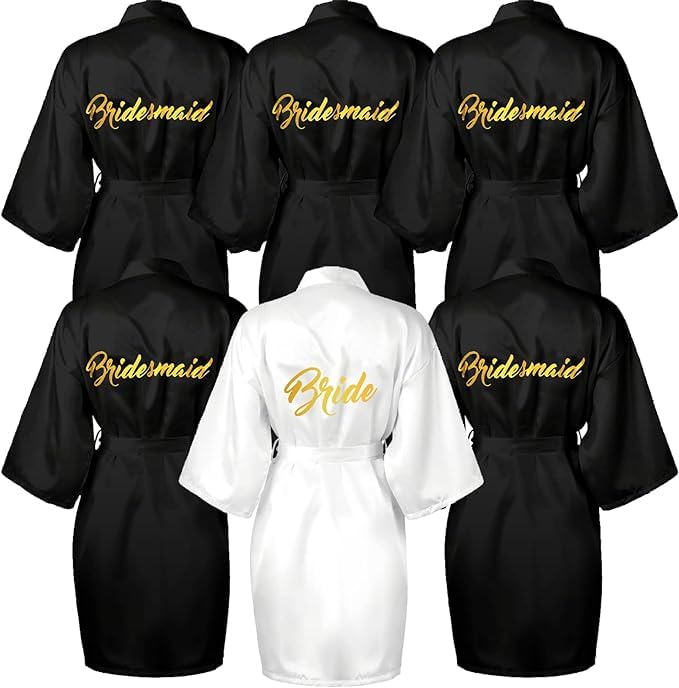 MSYU Lot de 6 robes kimono en satin noir et blanc pour demoiselles d'honneur pour mariage, demande en mariage et fête