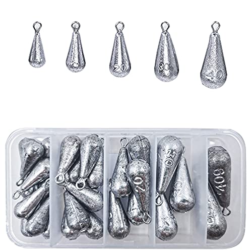 Xinqueen Fishing Sinkers Weights Shot Sinker Lead Sinkers for Worm Deep Saltwater Bottom Fishing Rig, 28Pcs Waterdrop Shape Fishing Weights