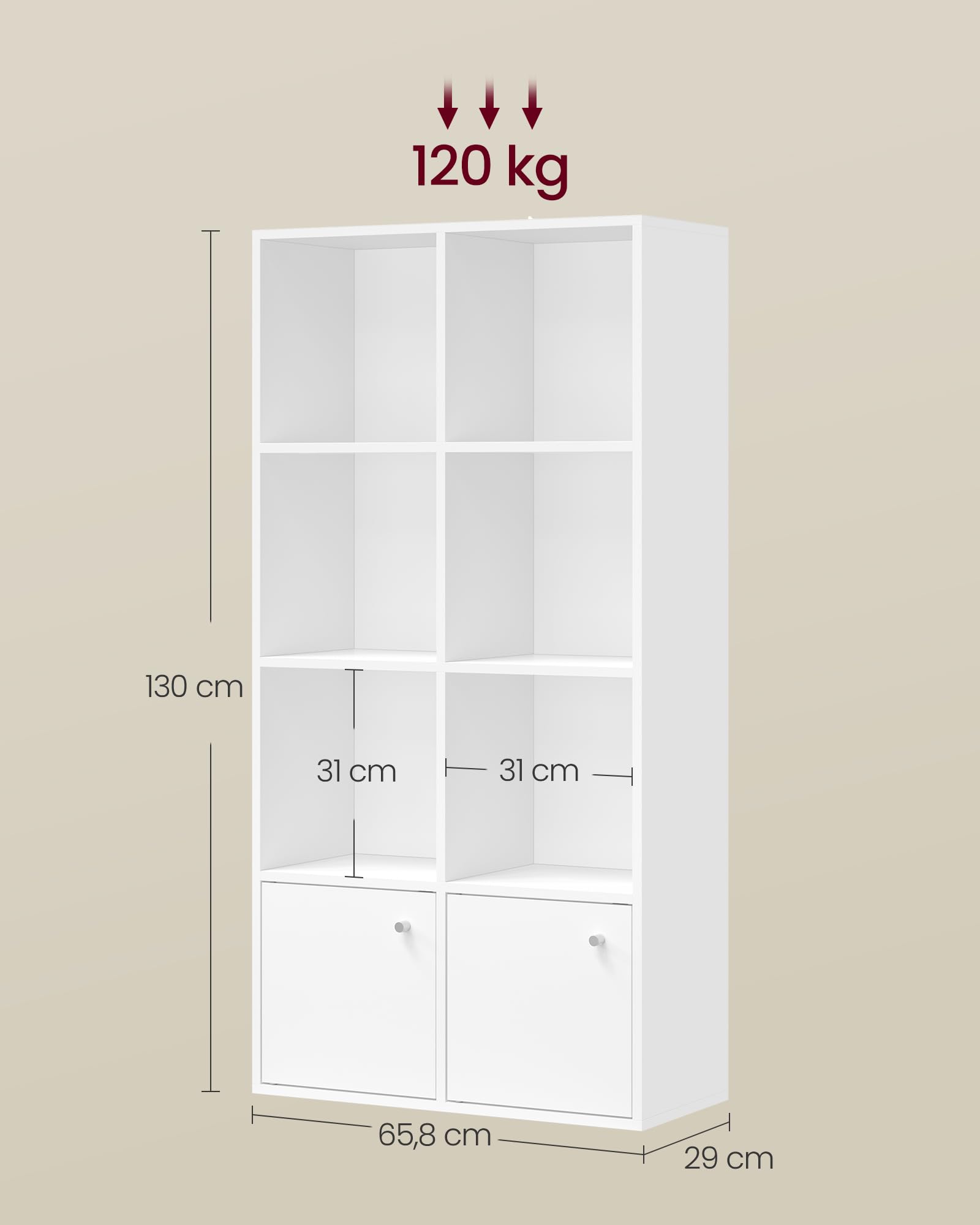 VASAGLE Custos Kollektion - Bücherregal, 4-stöckiges Regal, offenes Aufbewahrungsregal, Standregal, 29 x 65,8 x 130 cm, 2 Fächer mit Türen, Wohnzimmer Homeoffice Esszimmer, wolkenweiß LBC508WB01