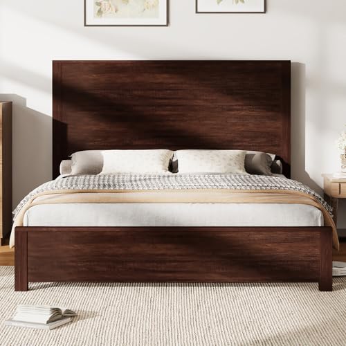 AMERLIFE 51.2' Full Size Wood Bed Frame, Rustic Platform Bed with Spliced Headboard, Wood Slats...