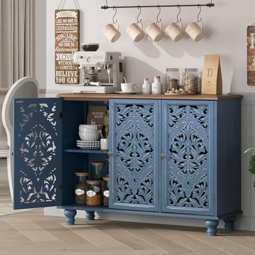 Image of JOINICE 42.5 inch Accent Storage Cabinet with 3 Carved Doors,Blue & Walnut | Versatile Storage for Living Room & Dining Room & Bedroom & TV Stand, Solid Wood Legs, Farmhouse /Rustic Style, Easy Assembly