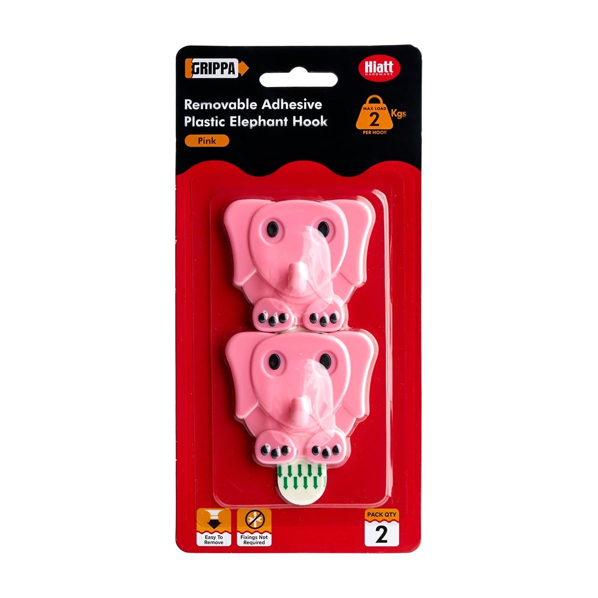 GRIPPA Self Adhesive Elephant Hooks, Removable Sticky Hooks, Holds Up to 2kg - Pink Pack of 2