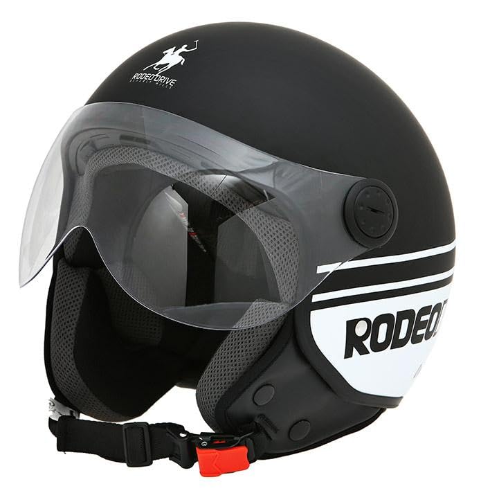 Rodeo Drive RD110, Casco Demi Jet Omologato per Scooter e Moto, Nero/Bianco (XS)