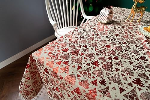 Nappe rouge imprimé sapin de Noël lin 140x260cm table anti-tache - 6