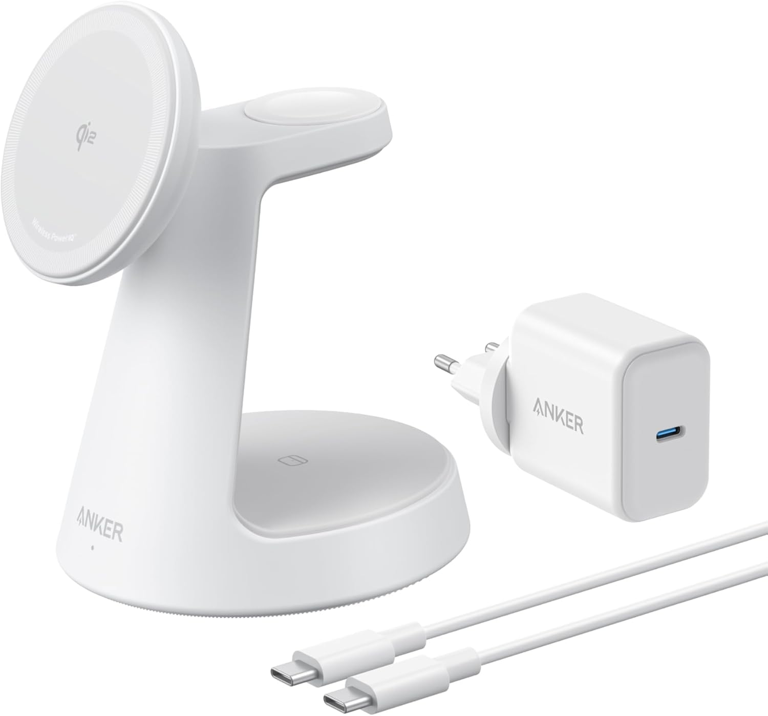 Anker MagGo Caricatore Wireless iPhone Magnetico 15W (Dock Stand), Caricatore Compatibile con MagSafe 3 in 1 Certificato Qi2, per iPhone 17/16/15, Apple Watch, AirPods Pro e altro (Adattatore Incluso)