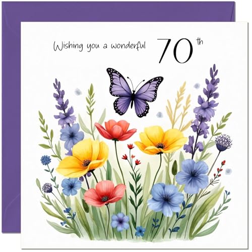 Lovely 70th Birthday Card with Flowers & Butterfly design - Floral Birthday Card for 70 Year old Seventy, Seventieth