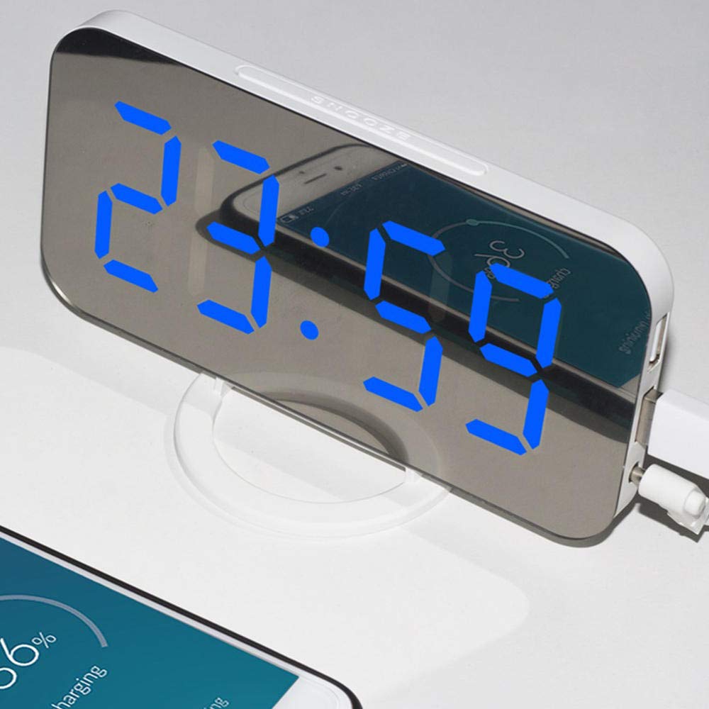 Horloges électroniques miroir réveil snooze LED bleu pour table de chambre à coucher