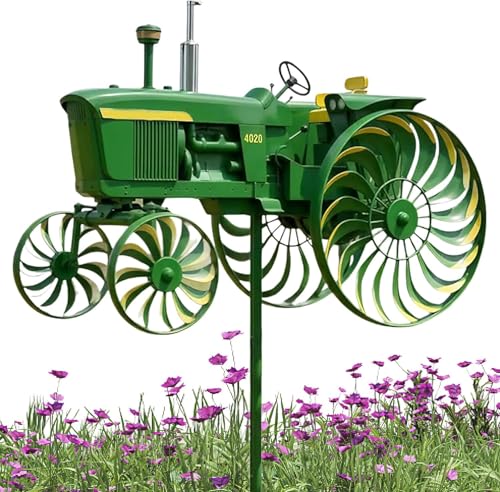 Garden Tractor Wind Spinner Green Tractor Windmill Stake Decor with Rotating for Front Yard Garden Decor Yard Ground Stake Windmill for Porch Backyard Lawn Flower Bed Holiday Housewarming (Green)