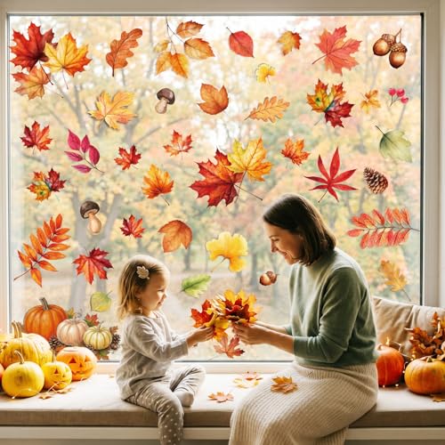 Image of Fall Window Clings Decor Pumpkin Maple Leaf Autumn Thanksgiving Decorations | 9 Sheets Window Stickers for Glass Windows, Fall Harvest Decals for Home Office School Classroom, Holiday Party Supplies