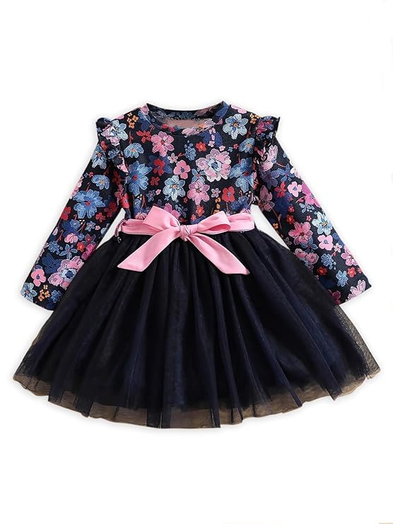 PAMBERSTON Baby Girl's Lycra Frock with Round Neck Full Sleeves Floral Pattern Knee Length Waist Bow and Regular Fit Black 2