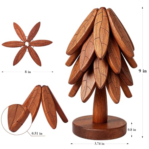 Wood Tree Coaster Set with Stand | Leaf Anti‑Slip Pattern Trivets for Hot Dishes Pots Teapots Bowl | Heat Resistant Kitchen Trivet Set | Natural Wood Home Decor (Texture- 4 Pcs) - image 4