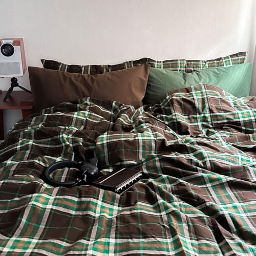 Image of LifeTB Queen Comforter Set Brown Green Plaid Comforter Set, 3 Pieces Vintage Plaid Checkered Comforter with 2 Pillowcases, Fluffy Soft Breathable Grid Pattern Farmhouse Gingham Bedding Set Queen
