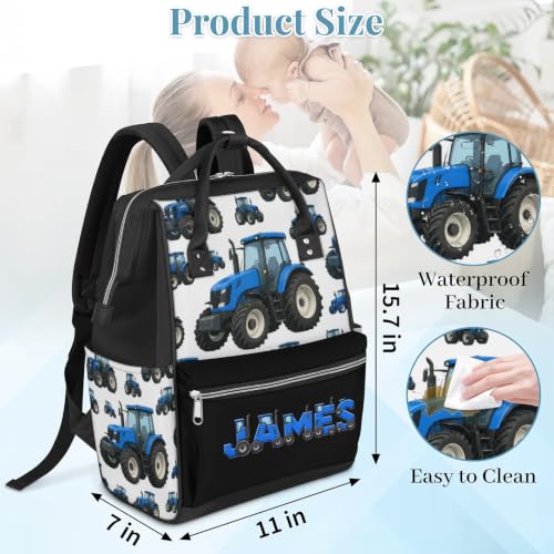 Image of Large Diaper-Bag-Backpack Waterproof Nappy-Bag Baby-Gifts Blue Tractor | Monogrammed Baby Backpack for Traveling Stroller Organizer Mommy Bag for New Parents Personalized Baby Shower Gifts