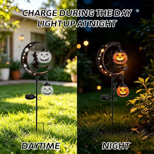 Solar Halloween Black Cat & Pumpkin Moon Garden Stake Light, Metal Crescent Moon & Pumpkin Lantern, Outdoor Waterproof LED Yard Decoration with Crescent Moon, for Patio Lawn Path Yard (E #) - image 3