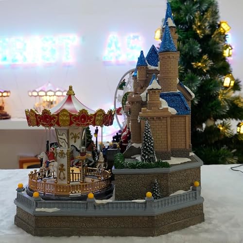 Casas de pueblo de Navidad con carrusel de parque de atracciones, música y luces LED para decoración navideña de interiores, decoración de mesa coleccionable