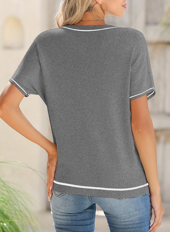 Image of SHEWIN Womens Tops Trendy Short Sleeve Shirts Crewneck Lightweight Knit Sweater Top Business Casual Outfits