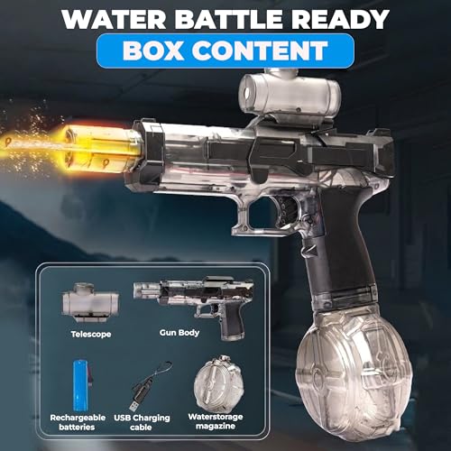 Image of Kidology Electric Water Gun Toy | High-Pressure Water Blaster with Flash Effect, 350ML Large Capacity Drum Tank Long Range Squirt Gun for Kids, Teens & Adults (Ages 14+), Outdoor Summer Toy (Black)