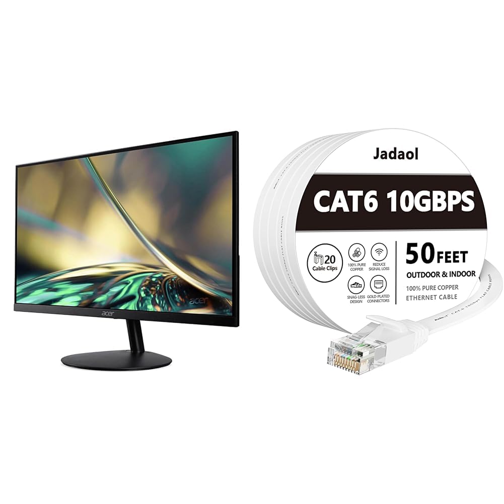 acer SB272 EBI 27" Full HD (1920 x 1080) IPS Zero-Frame Gaming Office Monitor & Jadaol Cat 6 Ethernet Cable 50 ft, Outdoor&Indoor 10Gbps Support Cat8 Cat7 Network