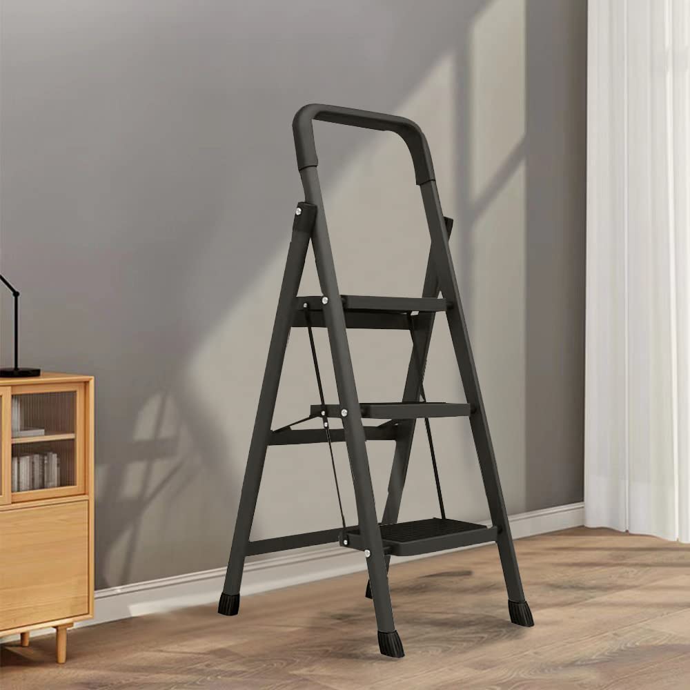 Portable Step Ladder White and Black,Folding Step Stool with Wide Anti-Slip Pedal, Lightweight 330 lbs Load Capacity Step Ladder,Portable Step Stool for Household (3-Step Type01, Black)