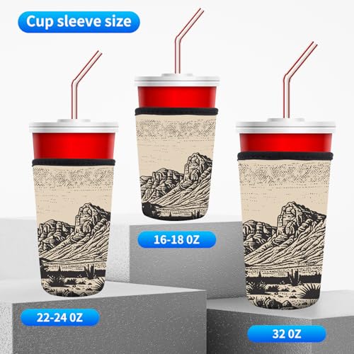 Image of 3 Pack Reusable Neoprene Insulator Sleeve for Iced Coffee Cups, Funny Coffee Cup Sleeves for 16-32oz Coffee cups, Cute Drink Sleeve for Cold Hot Beverages Cute Mountain