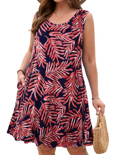 Image of JollieLovin Women Plus Size Curvy Summer Tank Sun Dresses Sleeveless Causal T-Shirt Dress Beach Swing Cover up(L-5X)