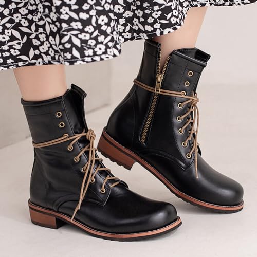 Alyaafifa Low Heel Lace Up Combat Booties for Women Leather Riding Ankle Boots Comfortable Closed Round Toe Short Boots with Zipper Outdoor Dress Shoes Daily Travel2