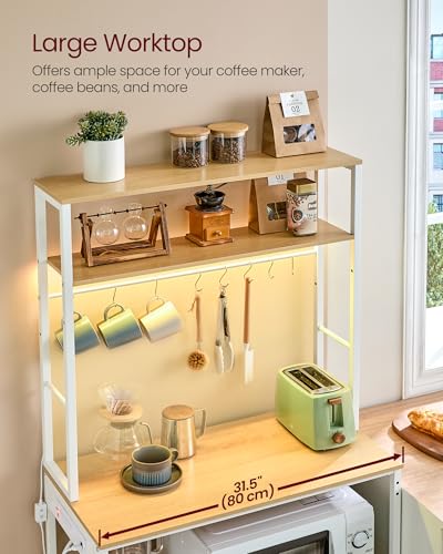 Image of VASAGLE Coffee Bar with LED Lights, Kitchen Bakers Rack with Power Outlet, Microwave Stand with Adjustable Shelves, 8 Hooks, 15.7 x 31.5 x 65.7 Inches, Golden Oak and Matte White UKKS050Y01