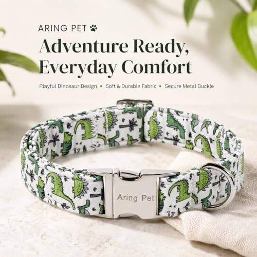 Image of ARING PET Boy Dog Collar for Puppy Small Medium Large Dogs-Green Dinosaur M | Cute Dino Heavy Duty Pet Collars with Metal Buckle for XS S M L XL Dogs, for Daily Walk Camping Trip Outings Photoshoots