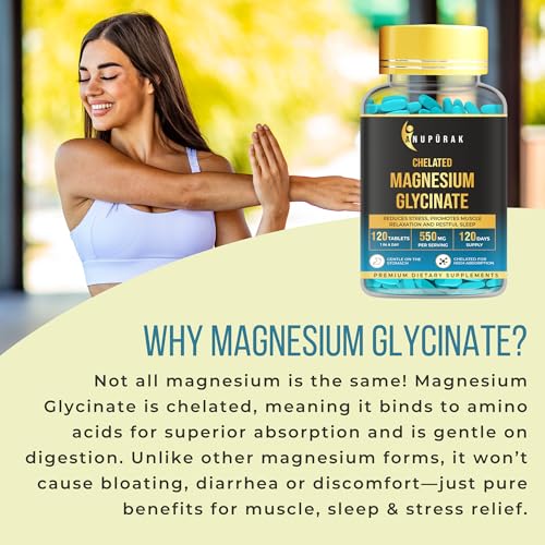 Image of Magnesium Glycinate Tablets 550mg - 100% Pure Chelated Form . No Magnesium Oxide | Supports Sleep, Relaxation & Muscle Function | Non-Laxative . Gentle Daily Formula | 120 Veg Tablets (120 Days)