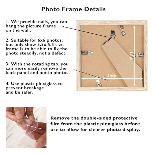 Image of JCJMY 6x6 Picture Frame Natural for Wall Hanging or Tabletop, Wall Mounting Horizontally or Vertically, 6 x 6 Square Wall Gallery Poster Photo Frame with Shatter Resistant Plexiglass, Natural