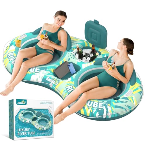Sunikko X 5-in-1 Pool Floats Adult Heavy Duty River Tube, 2 Person Water Lounge with Backrests, Built-in Cooler, Cup Holders, Deluxe Pool Float for Summer Relaxation