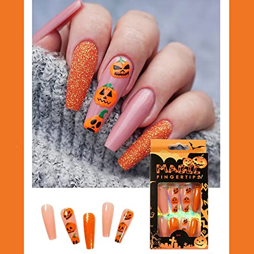 Vaveah 24 Pcs Halloween Press on Nails Coffin for Women, Extra Long Fake Nails Glue on Nails, False Nails with Glue (Orange Pumpkin)