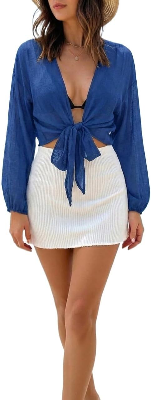 Women's Solid Color Waist Tie Short Kimono Cover Up cover ups for swimwear