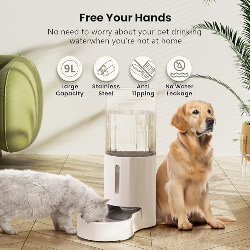 JUNSPOW 9L Trinkbrunnen für Hunde mit Edelstahlschüssel, Keine Elektrizität & Ultra-Silent Automatic Water Dispenser für große Hunde/Multi-Katzen-Haushalt, schwarz