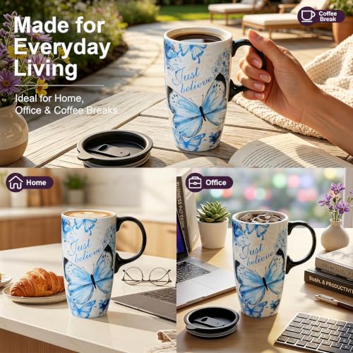 Taza de Cerámica de 17 oz con Tapa y Asa, Diseño Mariposa miniatura 3