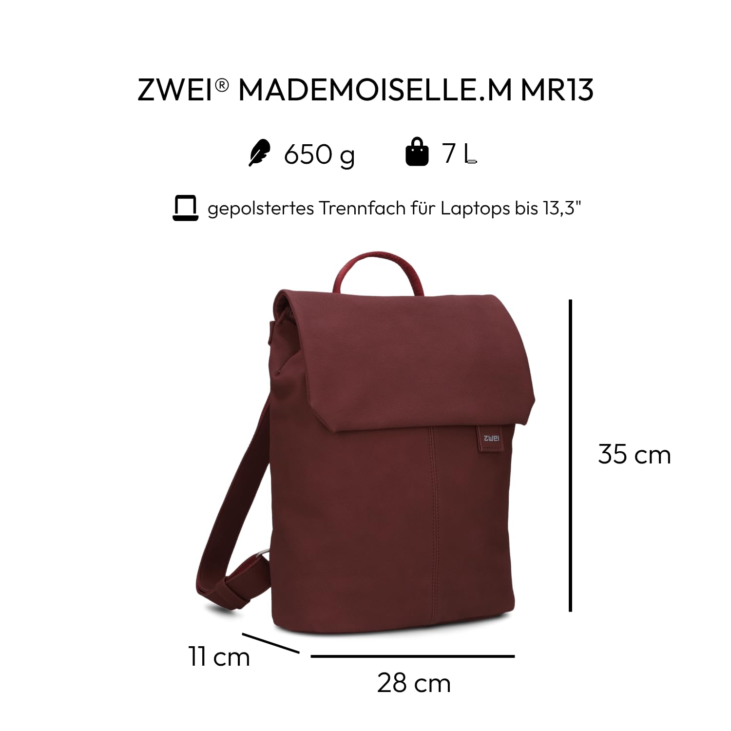 Zwei Mademoiselle.M MR13 - Mochila para mujer (7 L, compartimento acolchado para portátil, solapa magnética, compartimento principal con cremallera, acolchado en la espalda, clásica, elegante