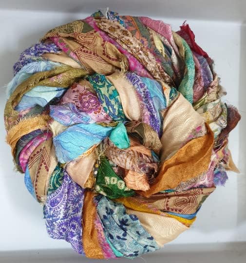 Vintage Fabrics Crafts 42 Yards Unstitched Silk Sari Ribbon 100 Strips Yarn Tassels SKEINS Dull Muted Shades Journal Scrapbook Craft Project Decor Strips India lot Beauty