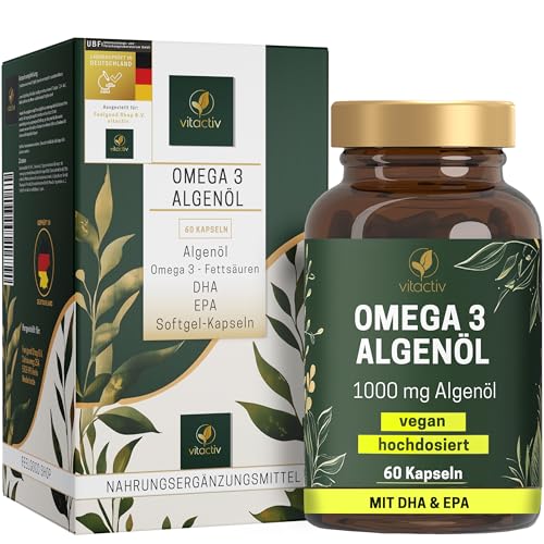 VITACTIV Omega 3 Algenöl Kapseln - 60 Stk - Marines Omega3 Vegan, Hochdosiert mit 1000mg Mikroalgenöl pro Tagesdosis - 450mg Omega-3 Fettsäuren DHA & EPA (2:1) - Herz, Gehirn, Augen – Laborgeprüft