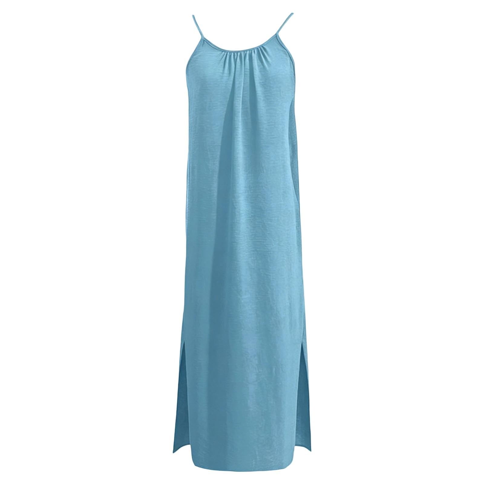 Vestido de verano de lino para mujer, con abertura, vestido largo informal de espalda descubierta | Vestidos largos de verano para mujer de playa, elegante con tirantes delgados, casual para playa, cubre traje ligero