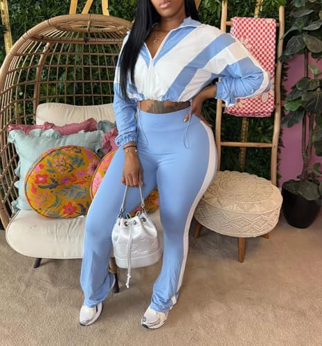 Remelon Womens 2 Piece Sweatsuits Color Block Long Sleeve Zipper Cropped Jacket Legging Pants Set Tracksuit Jogger Outfits2